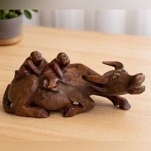 Vintage Chinese Hand Carved Wood Sculpture of Two Boys/Men on Water Buffalo/Oxen